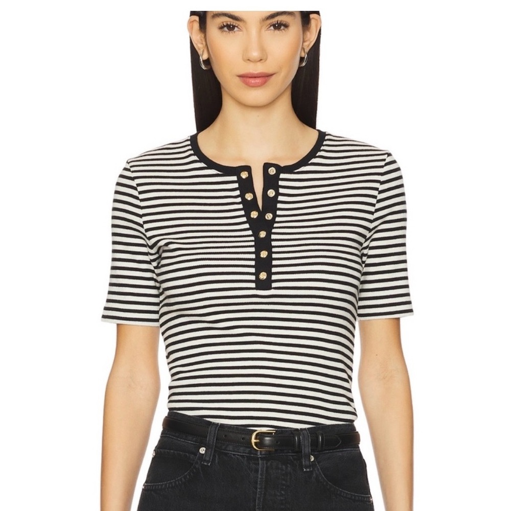 Anine Bing Black and White Striped Short Sleeve Henley Tee